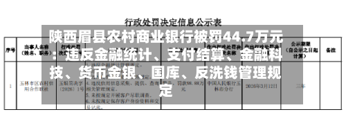 陕西眉县农村商业银行被罚44.7万元：违反金融统计、支付结算、金融科技	、货币金银、国库、反洗钱管理规定-第1张图片